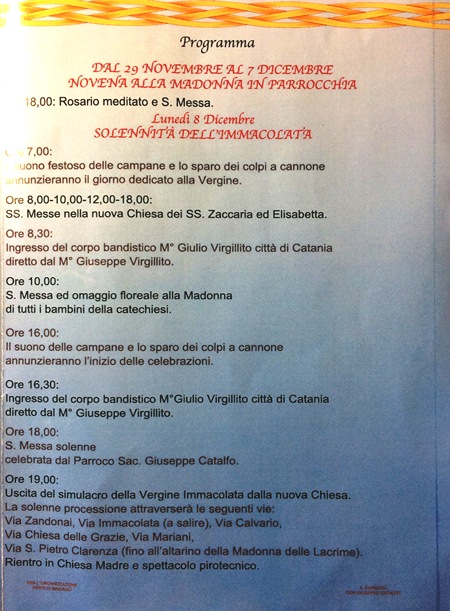 Programma Festa dell'Immacolata 2017 a San Giovanni Galermo - Catania.